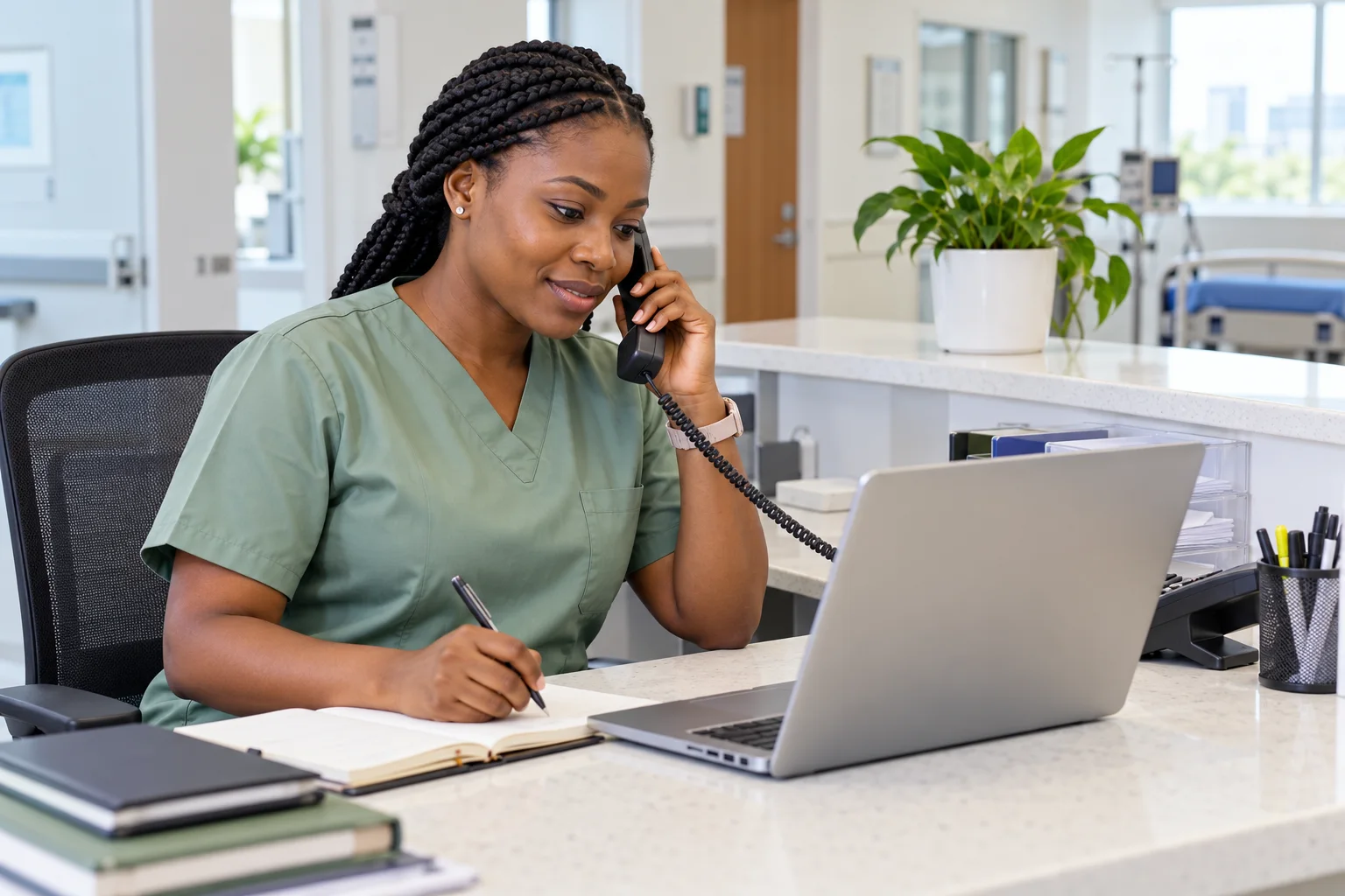 Black African nurse coordinator at a workstation arranging follow-up care by telephone