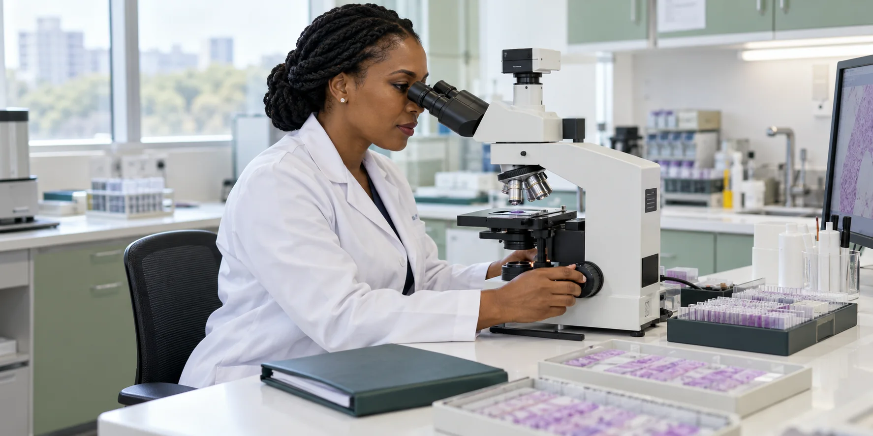Black African pathologist reviewing a slide at a microscope in a bright laboratory