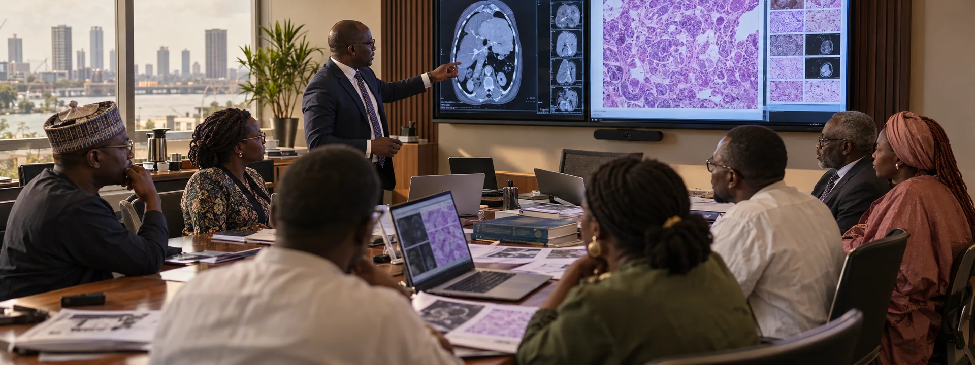 African specialist team discussing oncology reports and scans around a meeting table